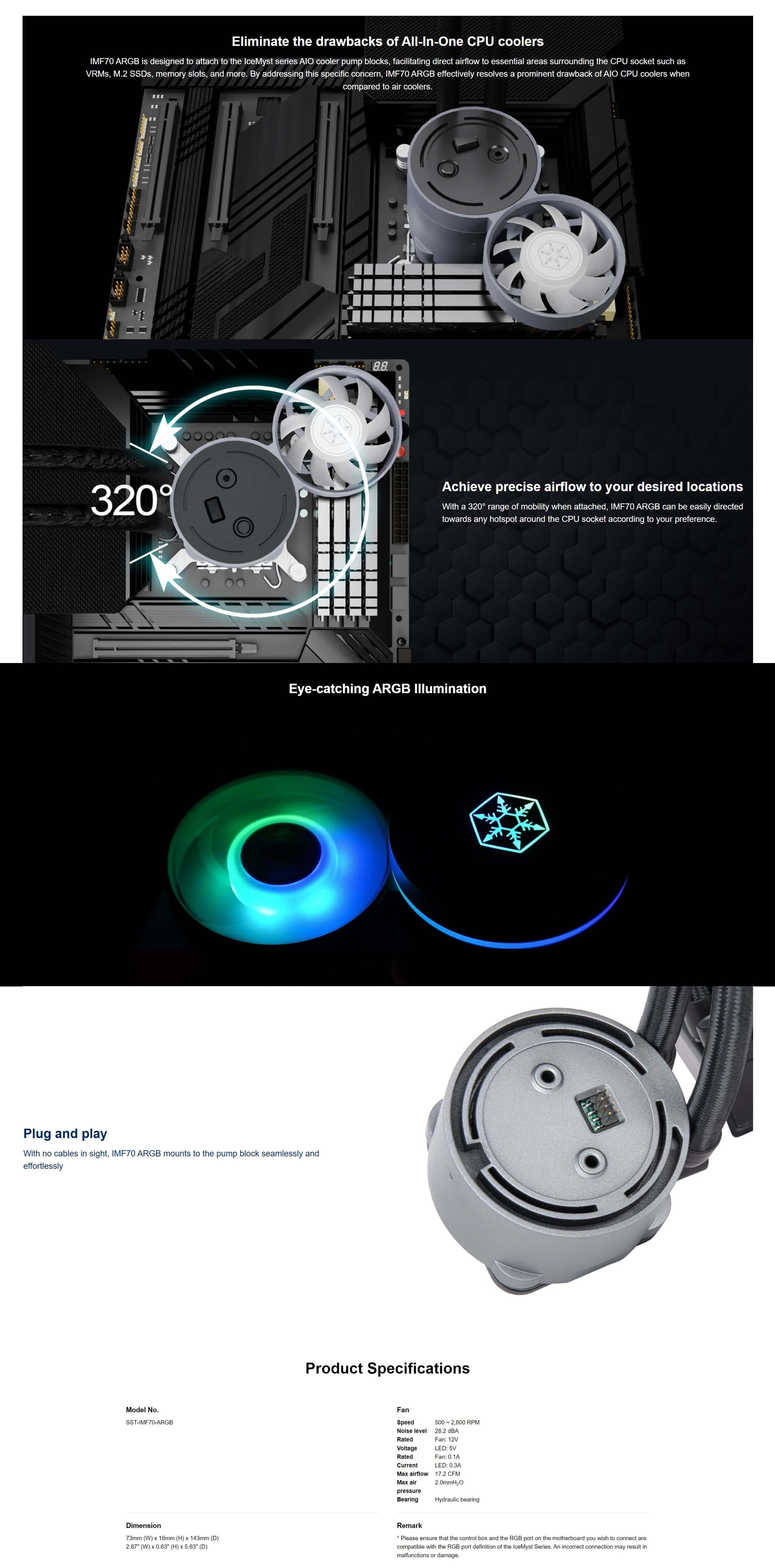 A large marketing image providing additional information about the product SilverStone IMF70-ARGB IceMyst Liquid CPU Cooler Upgrade Kit - Additional alt info not provided